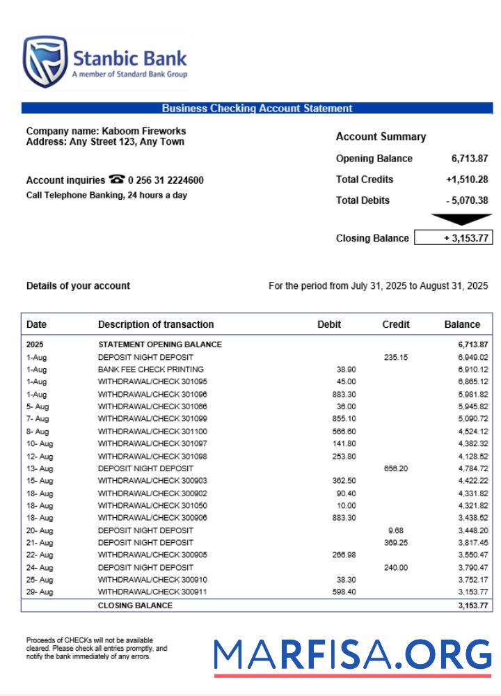 Downloadable Uganda Stanbic firm account statement Word and PDF template
